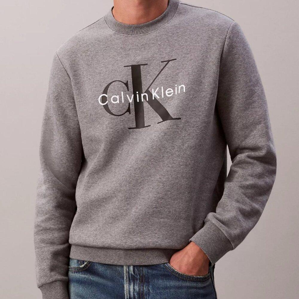 Calvin Klein Mens Monologo Fleece Crewneck Sweatshirt, Grey Heather, Large, EUC